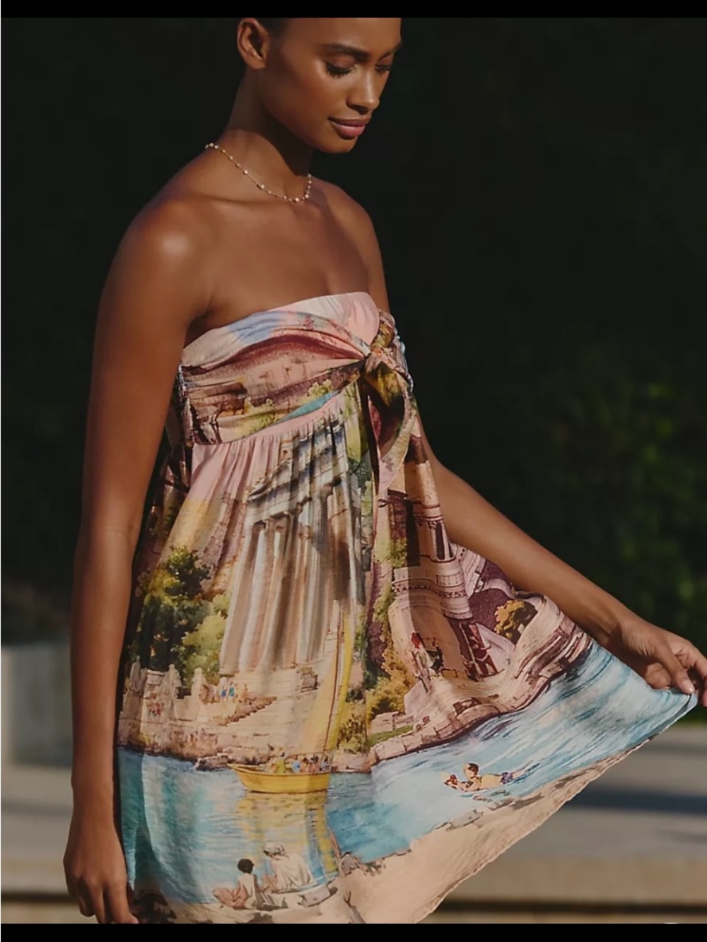 Anthropologie Strapless Bow Front Sundress in Pastel Scenic Print - Picture 2 of 5